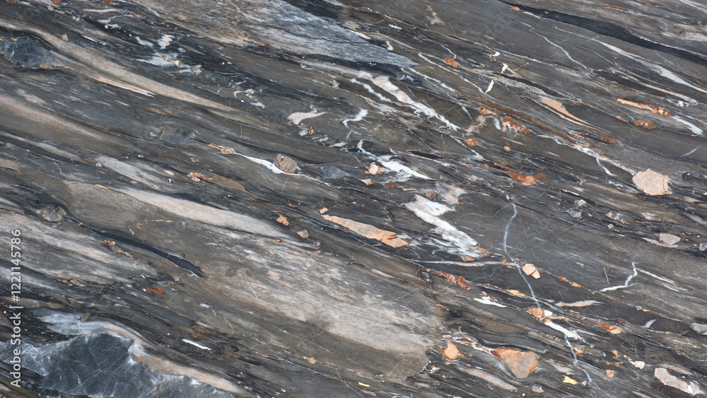 Poster background of a stone wall with a gray and white pattern. The wall looks like it is made of marble and has a rough texture. The photo creates a sense of depth and volume