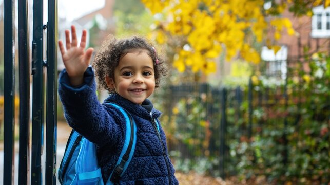 A child wearing a blue backpack, waving goodbye at a school gate.