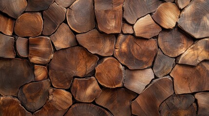 Numerous rustic wooden slices are expertly arranged to display their diverse textures and elegant hues, invoking a sense of harmony with nature's design and craftsmanship.
