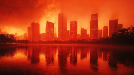 Fototapeta premium Skyline engulfed in reddish smog at twilight, surreal tones reflecting severe air pollution, [urban haze], [air quality challenges].