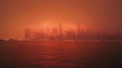 Fototapeta premium Skyline engulfed in reddish smog at twilight, surreal tones reflecting severe air pollution, [urban haze], [air quality challenges].