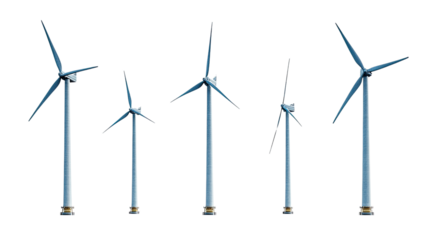 Wind Turbines Energy Generation: A collection of various sized wind turbines, showcasing different perspectives and scales, symbolizing renewable energy and sustainable power generation.