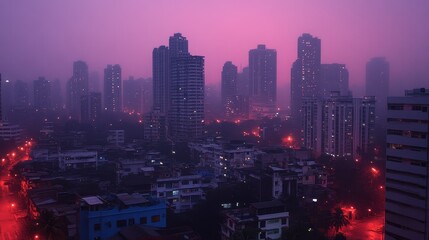 Obraz premium Skyline engulfed in reddish smog at twilight, surreal tones reflecting severe air pollution, [urban haze], [air quality challenges].
