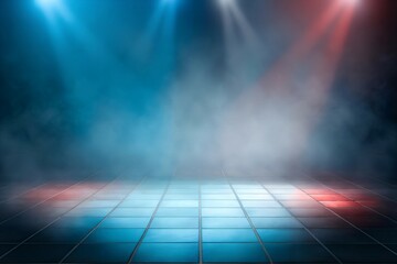 Futuristic empty stage with tiled floor, soft blue and red spotlights piercing a misty haze for a cinematic ambiance.