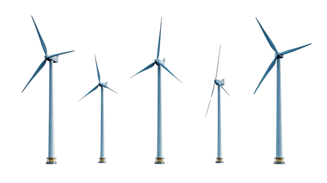 Wind Turbines Energy Generation: A collection of various sized wind turbines, showcasing different perspectives and scales, symbolizing renewable energy and sustainable power generation.