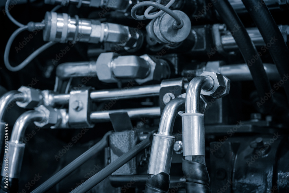Poster A close-up of a bundle of pipes and wires of an industrial hydraulic machine. The concept is of complexity and technicality, as the various components are intricately connected and interdependent.