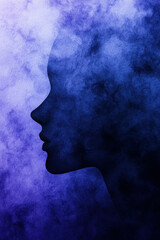 Ethereal Side View of a Woman’s Face in Surreal Blue and Purple Mystical Background