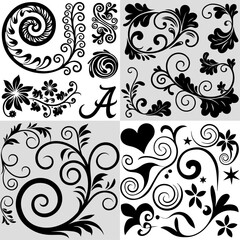 A vector silhouette set of unique and creative decorative swirls and spirals