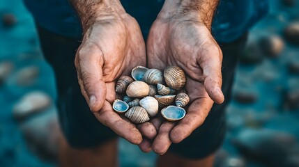 A serene collection of seashells held in hands by the ocean, perfect for travel campaigns, nature photography, or designs celebrating coastal beauty and relaxation