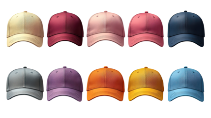 Cap Collection: A collection of 10 stylish baseball caps in various trendy colors, including yellow, beige, red, pink, purple, grey, blue, and orange.