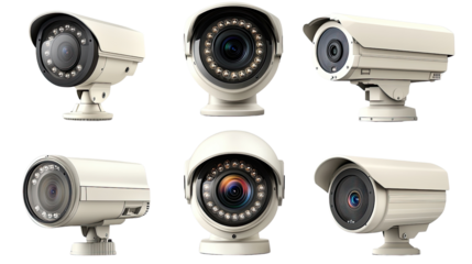 Security Camera Collection: An assortment of six high-resolution security cameras with varying lens types and designs, showcasing a diverse range of options for modern surveillance needs. 