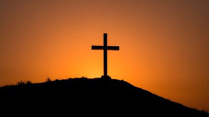 a stylized, minimalist mountain peak scene. a golden cross atop a geometric mountain peak, bathed in warm, golden light, similar to the light of a setting or rising sun. the mountain, sculpted from li