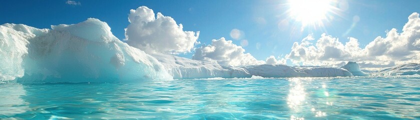 Fototapeta premium A serene ocean scene with bright turquoise waters, fluffy white clouds, and a radiant sun illuminating the horizon.