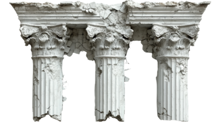 Time and Ruin: A trio of weathered and crumbling columns stand as silent guardians of a bygone era, their once-grand structure now etched with the passage of time.
