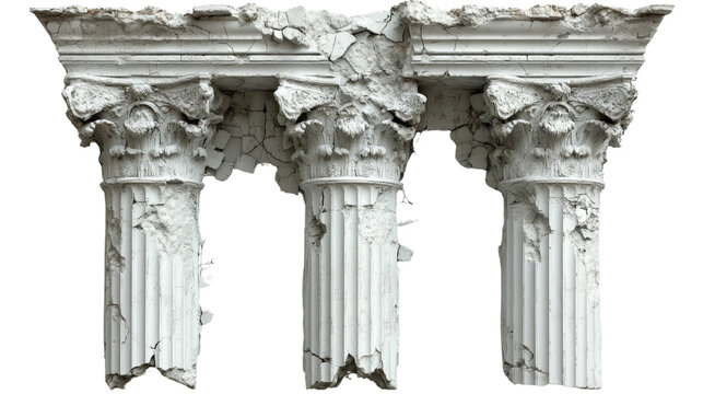 Time and Ruin: A trio of weathered and crumbling columns stand as silent guardians of a bygone era, their once-grand structure now etched with the passage of time.
