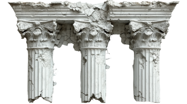 Time and Ruin: A trio of weathered and crumbling columns stand as silent guardians of a bygone era, their once-grand structure now etched with the passage of time.