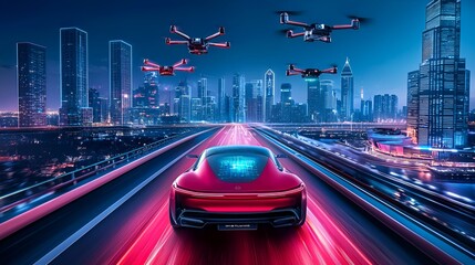 Fototapeta premium Autonomous car, drones, city, night, tech future
