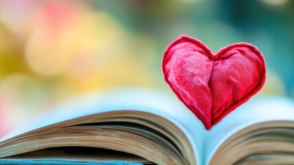 Open book with red heart plush, symbolizing love for reading