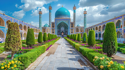 Obraz premium Stunning View of Sheikh Lotfollah Mosque with Vibrant Gardens and Blue Sky in Isfahan, Iran