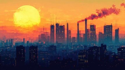 Smog-choked skyline at sunset, vibrant colors muted by air pollution, [air quality issues], [urban environment]. 
