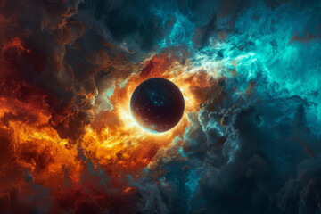 A dark planet is surrounded by vivid orange and blue swirling clouds in space. Concept of cosmic mystery and celestial beauty.