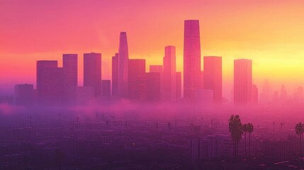 Fototapeta premium Smog-choked skyline at sunset, vibrant colors muted by air pollution, [air quality issues], [urban environment]. 