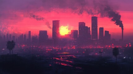 Fototapeta premium Smog-choked skyline at sunset, vibrant colors muted by air pollution, [air quality issues], [urban environment]. 