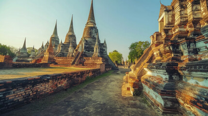 Naklejka premium Ancient Temple Ruins at Sunrise with Majestic Spires and Historic Architecture in a Serene Landscape
