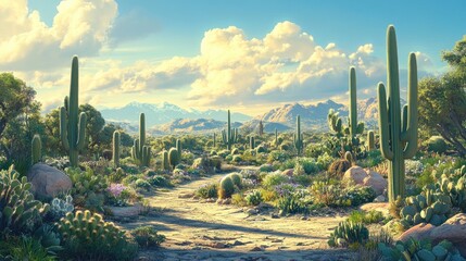 Obraz premium Desert Landscape With Saguaro Cacti And Mountain View