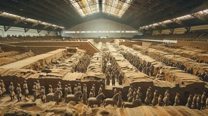 Ancient Terracotta Army in Vast Archaeological Site with Rows of Statues Under a Large Illuminated Roof