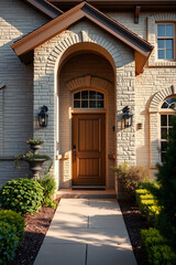 Fototapeta premium Elegant Home Entrance: Brick Facade, Walkway, Landscaping, and Architectural Design