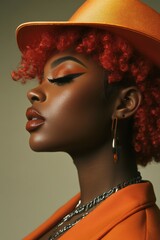 Elegant woman with vibrant red curls and stylish hat
