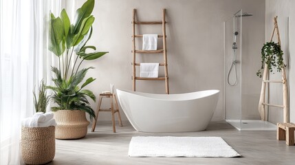 Fototapeta premium A top view of a light and airy bathroom interior featuring a sink, bathtub, and various accessories, designed to create a clean, fresh, and inviting space.