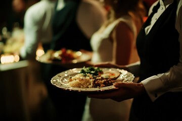 A waitress is skillfully balancing two plates of delicious food in her hands