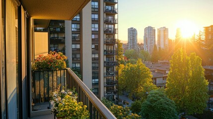 A high-rise condo balcony with a view of the bustling downtown area.