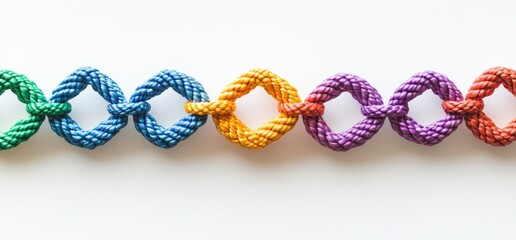 Close up of a colorful rope net with knots on white background