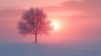 A solitary tree with frosted pink branches stands amidst a vast,