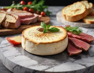 A perfectly baked wheel of Baked Camembert resting next to a tender cut of steak on a marble surface, cheese platter, baked goods