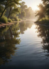 A photograph of a peaceful riverside morning with soft light and gentle ripples on the water, peaceful riverside, calm water, morning scenery