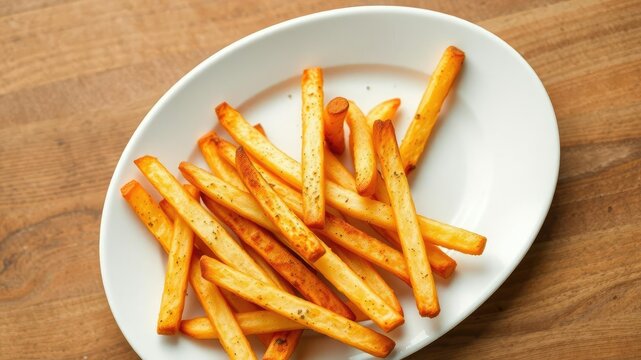 A pile of hot Cajun French fries on a plain white plate, homemade fries, plain white plate