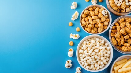 Variety of popcorn and snacks in bowls on blue background