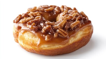 Fototapeta premium Caramel pecan doughnut with icing and chopped nuts