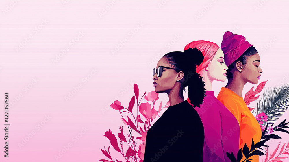 Poster Women's Day highlights unity through advocacy promoting equality and empowerment. Diverse Women Silhouettes in Vibrant Colors and Floral Elements