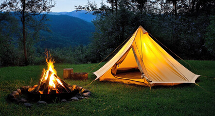Yellow tent glowing warmly in the evening light beside a crackling campfire in a serene outdoor setting