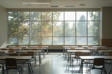 A classroom that is completely empty, featuring rows of desks and chairs
