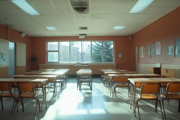 A classroom that is completely empty, featuring rows of desks and chairs