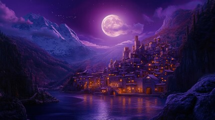 Serene Moonlit Village at Night