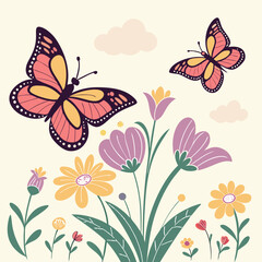 Fototapeta premium Butterflies hovering around flowers vector background