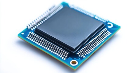 Close-up of a microprocessor on a circuit board showcasing its intricate design and technology