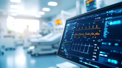 Innovative healthcare technology enhancements hospital environment digital dashboard clinical setting close-up view data visualization for improved patient monitoring